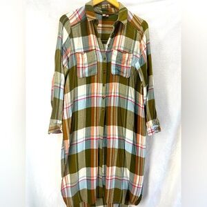 Pilcro Tunic Button Up Shirt Duster Green Plaid Long Sleeve Anthropologie Sz XS